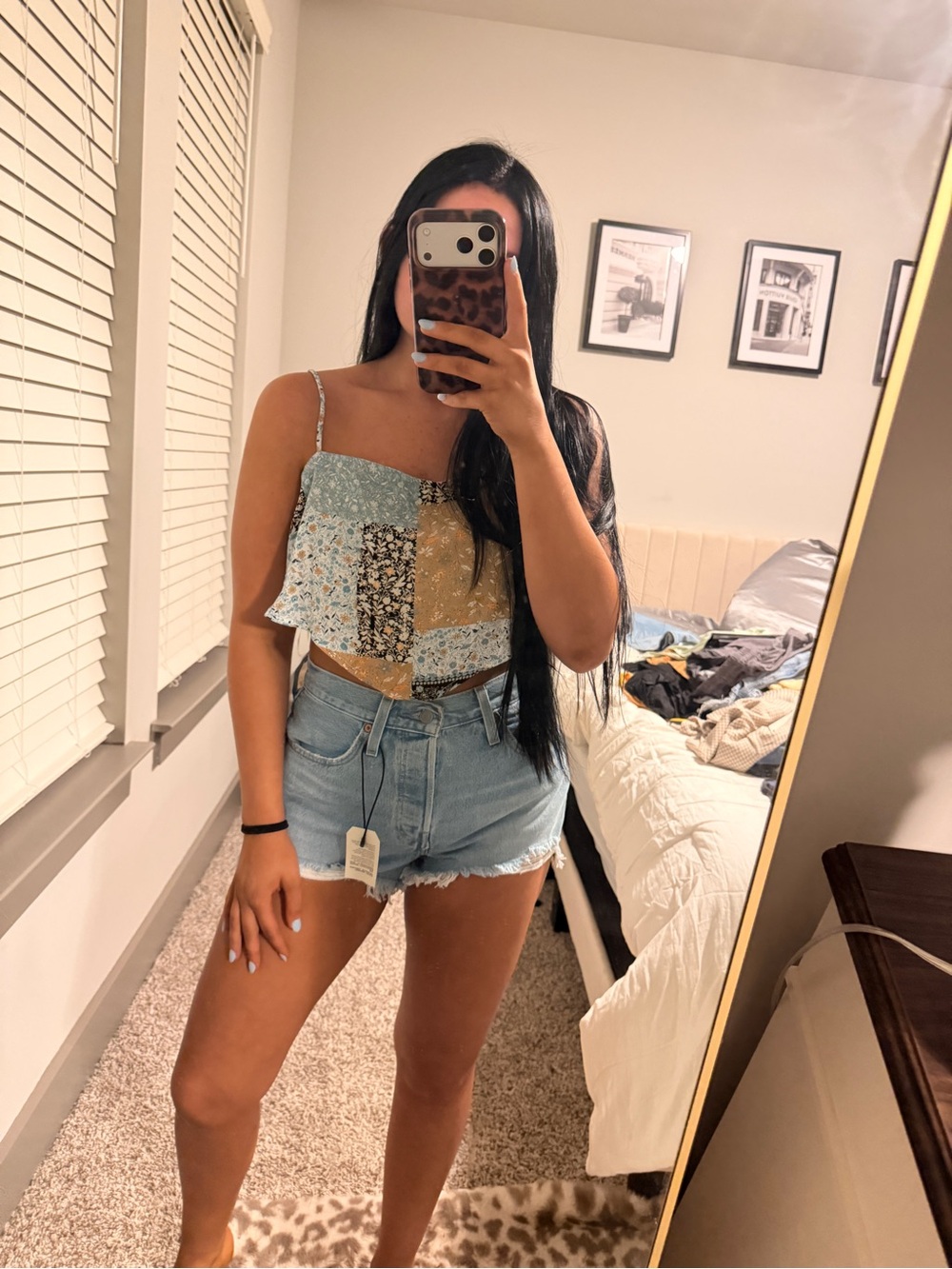 Le Lis Patchwork Floral Spaghetti Strap Crop Top - Blue Cream Tan